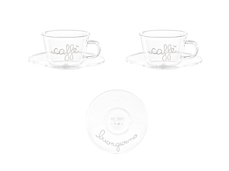 SIMPLE DAY- Set 2 tazze+piattino in vetro “Caffè, buongiorno” – BeYoutiful  Hair